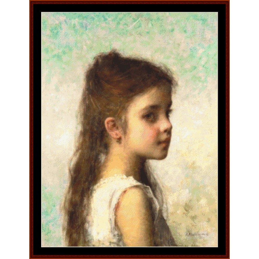 Counted Cross Stitch Pattern by Cross Stitch Collectibles of a young girl with a soft, textured background