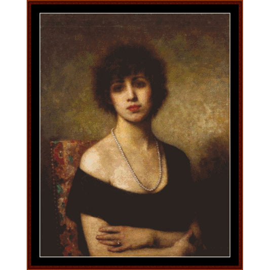 Counted Cross Stitch Pattern by Cross Stitch Collectibles of a woman with a pearl necklace against a dark background