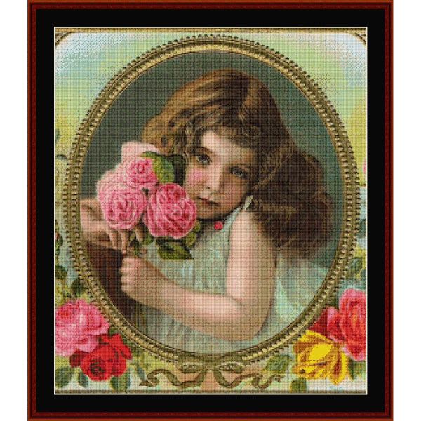 Vintage-style Counted Cross Stitch Pattern by Cross Stitch Collectibles of a young girl holding pink roses with a decorative frame.