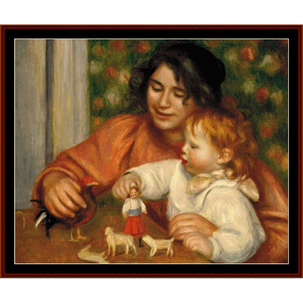 Counted Cross Stitch Pattern by Cross Stitch Collectibles of a woman and child playing with dolls and animals on a table.