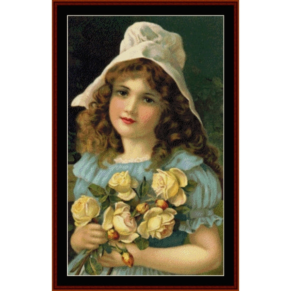 Vintage-style Counted Cross Stitch Pattern by Cross Stitch Collectibles of a young girl holding flowers with a white bonnet.