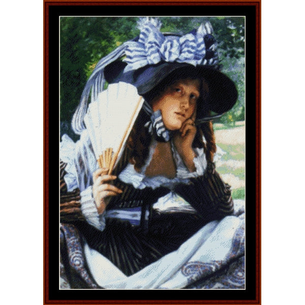 Vintage-style Counted Cross Stitch Pattern by Cross Stitch Collectiblesof a woman in a decorative hat holding a fan