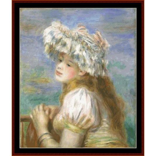 Counted Cross Stitch Pattern by Cross Stitch Collectibles of a woman with a decorative hat against a landscape