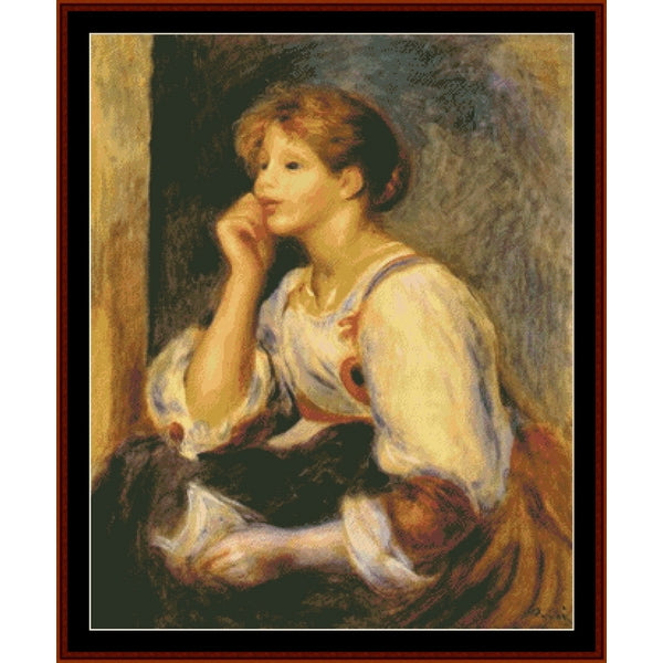 Counted Cross Stitch Pattern by Cross Stitch Collectibles of a young girl sitting with her hand on her chin, wearing a white blouse and brown skirt.