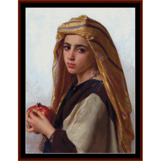 Counted Cross Stitch Pattern by Cross Stitch Collectibles of a girl wearing a gold headscarf holding a red fruit against a light background