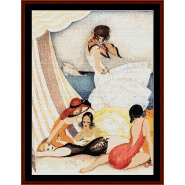 Counted Cross Stitch Pattern by Cross Stitch Collectibles of women on a beach with a sailboat in the background