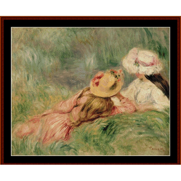 Counted Cross Stitch Pattern by Cross Stitch Collectibles - Two women in hats sitting on grass, painting by Pierre-Auguste Renoir