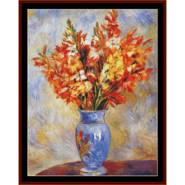 Counted Cross Stitch Pattern by Cross Stitch Collectibles of a blue vase with orange flowers on a textured background