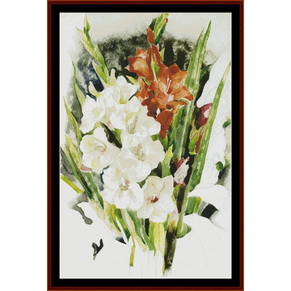 Counted Cross Stitch Pattern by Cross Stitch Collectibles of white and red flowers with green leaves on a white background