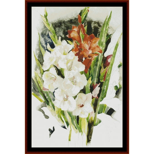 Counted Cross Stitch Pattern by Cross Stitch Collectibles of white and red flowers with green leaves on a white background