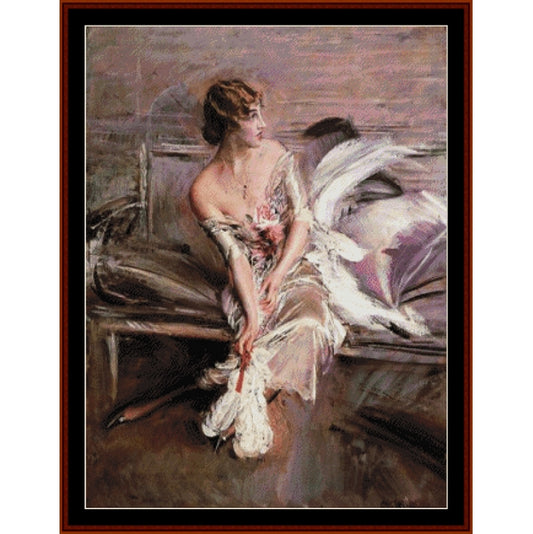 Counted Cross Stitch Pattern by Cross Stitch Collectibles of a woman in a floral dress sitting on a bench with a fan.