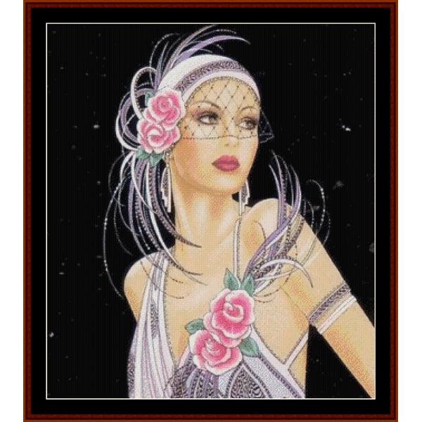 Art Deco-style Counted Cross Stitch Pattern by Cross Stitch Collectibles of a woman with floral headpiece and roses on a black background
