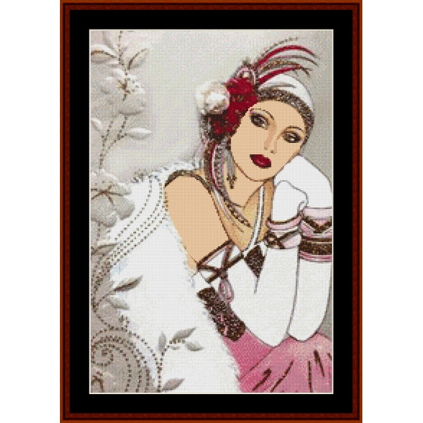 Counted Cross Stitch Pattern by Cross Stitch Collectibles of a woman with decorative headpiece and gloves, framed in brown.