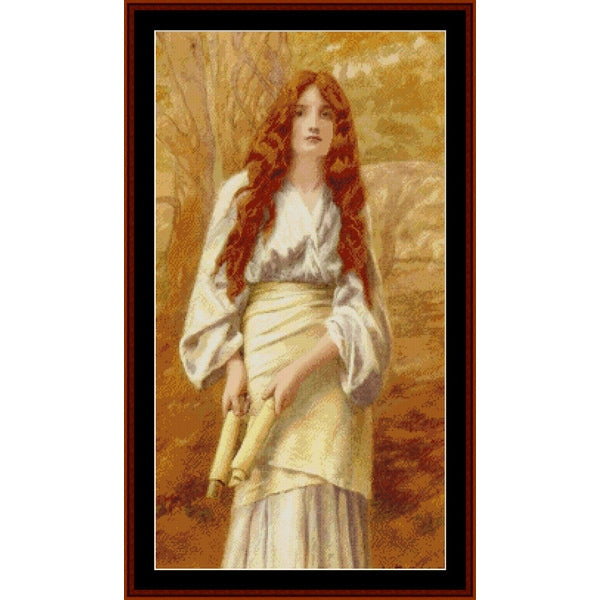Vintage-style Counted Cross Stitch Pattern by Cross Stitch Collectibles of a woman with long red hair holding a scroll against a warm-toned background.