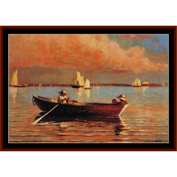 Counted Cross Stitch Pattern by Cross Stitch Collectibles of a boat with two people on a calm body of water under a colorful sky.