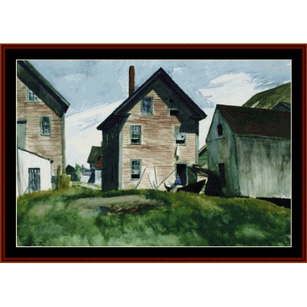 Counted Cross Stitch Pattern by Cross Stitch Collectibles of a small village with houses and a cloudy sky