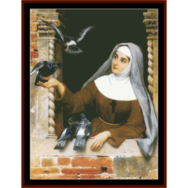 Counted Cross Stitch Pattern by Cross Stitch Collectibles of a nun with birds by a window
