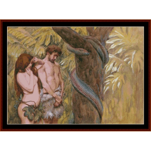 Counted Cross Stitch Pattern by Cross Stitch Collectibles of Adam and Eve with a snake in a forest setting
