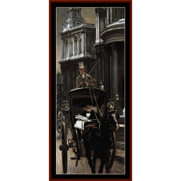 Vintage-style Counted Cross Stitch Pattern by Cross Stitch Collectibles of a man in a top hat driving a horse-drawn carriage in an urban setting.