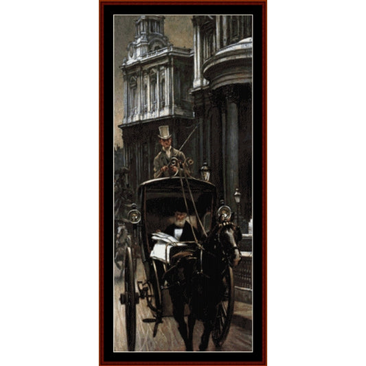 Vintage-style Counted Cross Stitch Pattern by Cross Stitch Collectibles of a man in a top hat driving a horse-drawn carriage in an urban setting.
