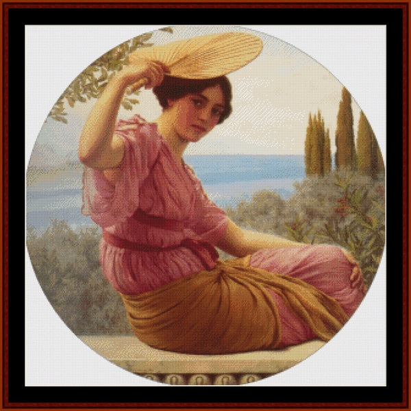 Counted Cross Stitch Pattern by Cross Stitch Collectibles of a Woman in a pink dress sitting outdoors