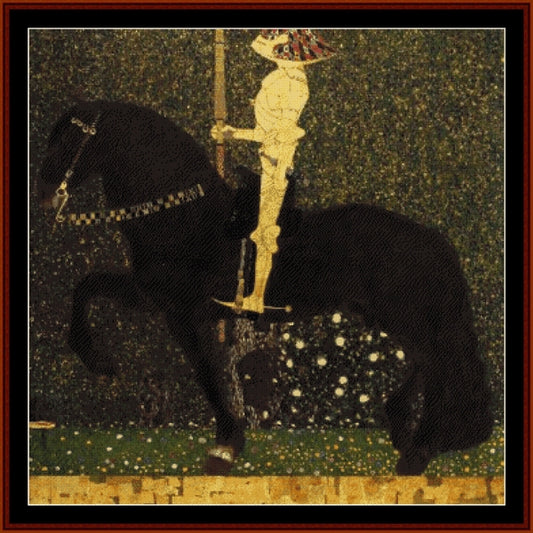 Counted Cross Stitch Pattern by Cross Stitch Collectibles - Black horse rearing on a dark background with a skeleton figure holding a lantern.