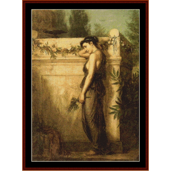 Counted Cross Stitch Pattern by Cross Stitch Collectibles of a woman leaning against a classical column with a classical design background.