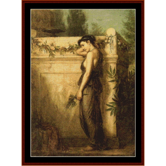 Counted Cross Stitch Pattern by Cross Stitch Collectibles of a woman leaning against a classical column with a classical design background.