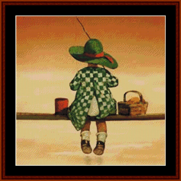 Counted Cross Stitch Pattern by Cross Stitch Collectibles of a child in a green hat and coat sitting on a ledge with a basket.
