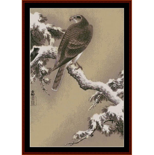 Counted Cross Stitch Pattern – Goshawk on Pine Branch - Asian Art - Cross Stitch Collectibles