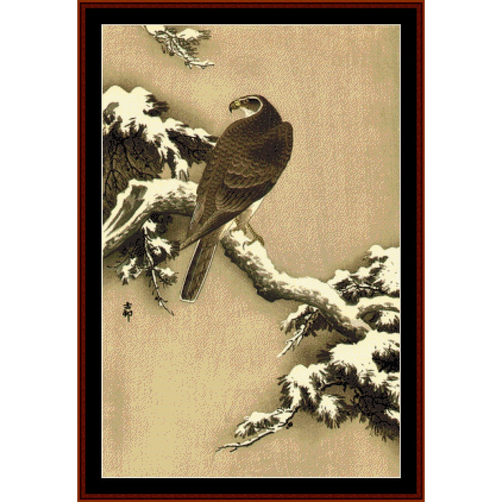 Sepia-toned Counted Cross Stitch Pattern by Cross Stitch Collectibles of a bird perched on a branch with snow-covered branches in the background.