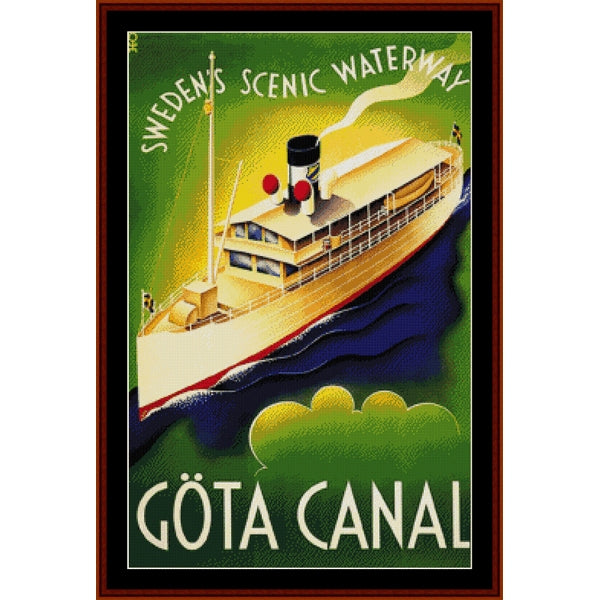 Vintage-style poster advertising Sweden's Scenic Waterway Göta Canal with a ship illustration - Counted Cross Stitch Pattern by Cross Stitch Collectibles