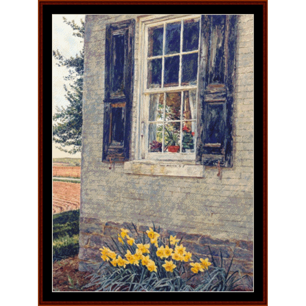 Counted Cross Stitch Pattern by Cross Stitch Collectibles of a house exterior with a window and flowers in the foreground