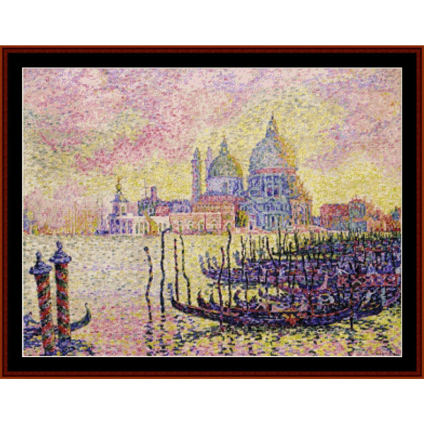 Counted Cross Stitch Pattern by Cross Stitch Collectibles of a cityscape with gondolas and a large cathedral in the background.