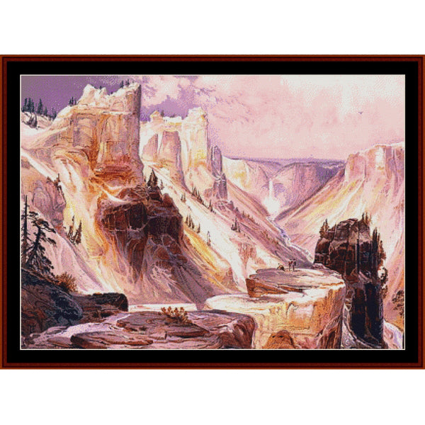 Scenic Counted Cross Stitch Pattern by Cross Stitch Collectibles of a mountainous landscape with a river and cliffs.