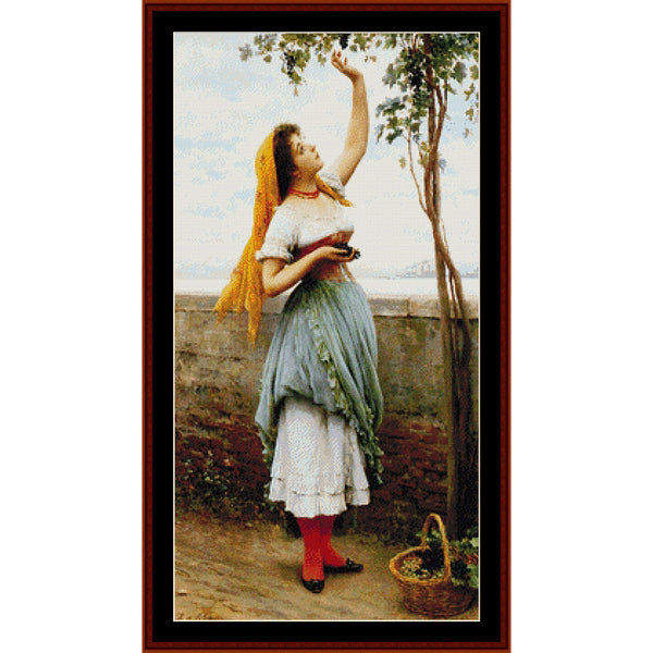 Counted Cross Stitch Pattern by Cross Stitch Collectibles of a woman in a dress standing on a ledge with a basket, reaching for fruit.