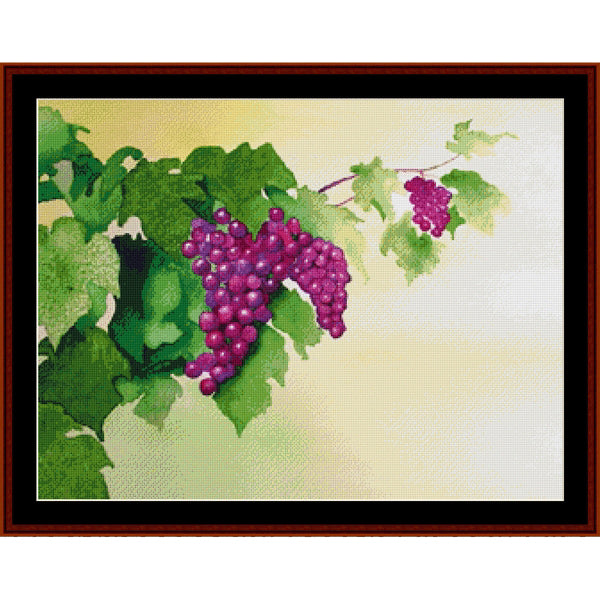 Counted Cross Stitch Pattern by Cross Stitch Collectibles of grapes on a vine with green leaves 