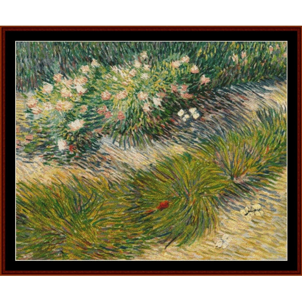 Counted Cross Stitch Pattern by Cross Stitch Collectibles of a garden scene with flowers and grass