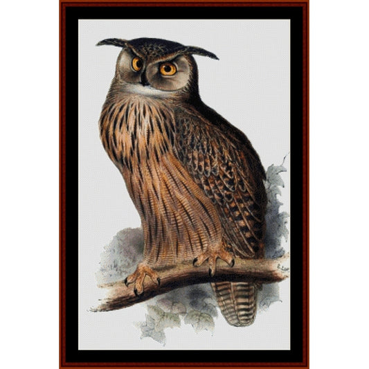 Counted Cross Stitch Pattern by Cross Stitch Collectibles of an owl on a branch with a white background
