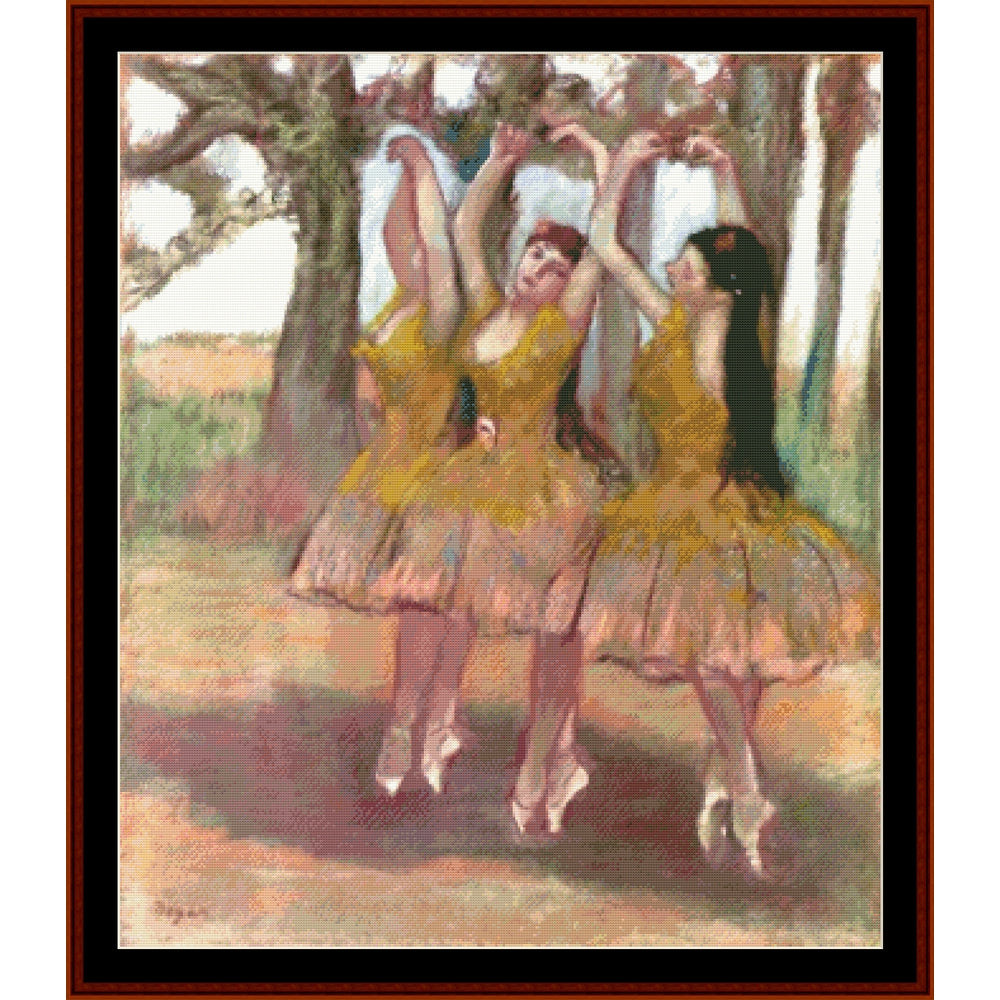 Counted Cross Stitch Pattern by Cross Stitch Collectibles of Three dancers in yellow dresses in a forest setting