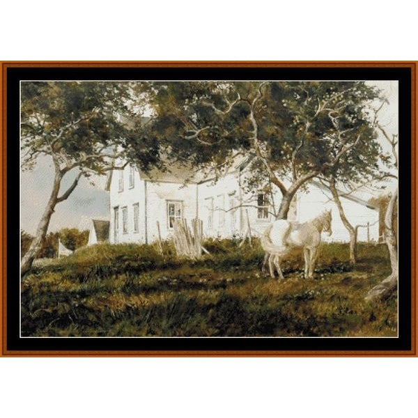 Counted Cross Stitch Pattern by Cross Stitch Collectibles of a white house with a horse in a field