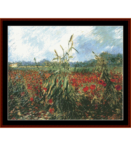Counted Cross Stitch Pattern by Cross Stitch Collectibles of a field with red flowers and tall grass under a blue sky.