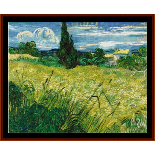 Counted Cross Stitch Pattern by Cross Stitch Collectibles of a landscape with green fields, trees, and a house under a blue sky.