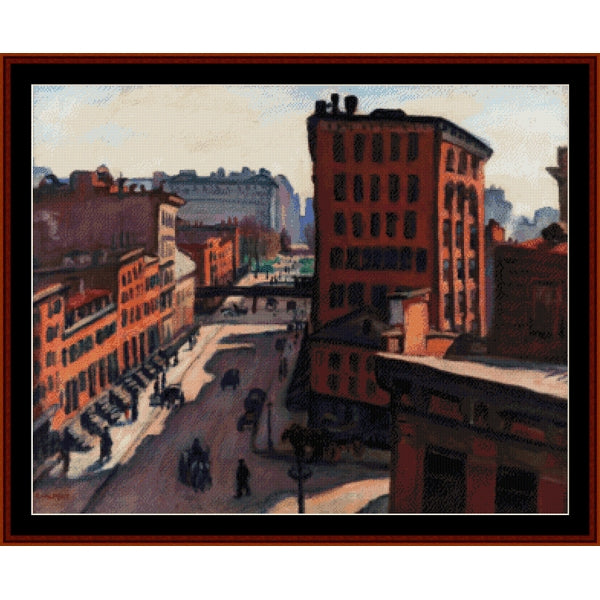 Counted Cross Stitch Pattern by Cross Stitch Collectibles of a city street with tall buildings and people walking.