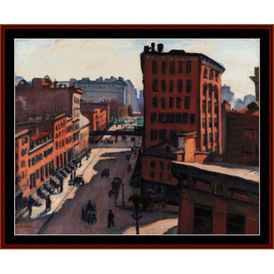 Counted Cross Stitch Pattern by Cross Stitch Collectibles of a city street with tall buildings and people walking.