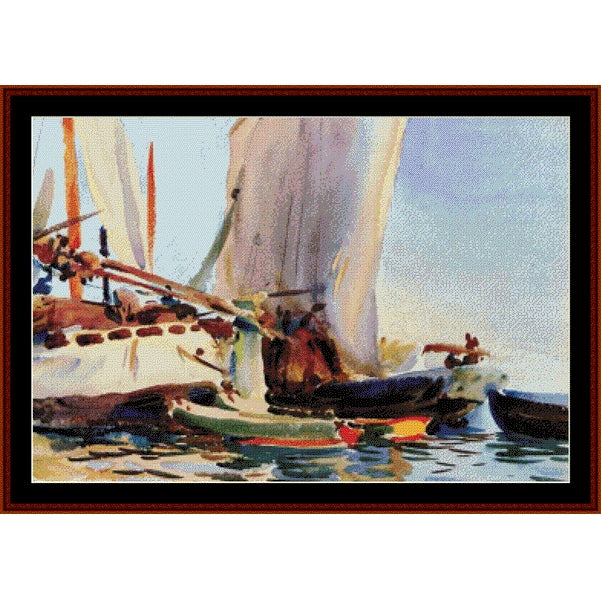 Sailboat Counted Cross Stitch Pattern by Cross Stitch Collectibles with a white sail on a calm water surface