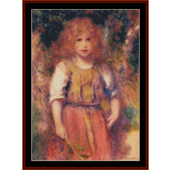 Counted Cross Stitch Pattern – Gypsy Girl by  Pierre Auguste Renoir - Cross Stitch Collectibles - A framed impressionist painting of a young girl with curly red hair, wearing a yellow and pink dress, set against a dark, painterly background. 