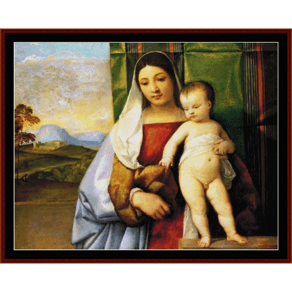 Counted Cross Stitch Pattern by Cross Stitch Collectibles of a woman holding a child with a landscape in the background