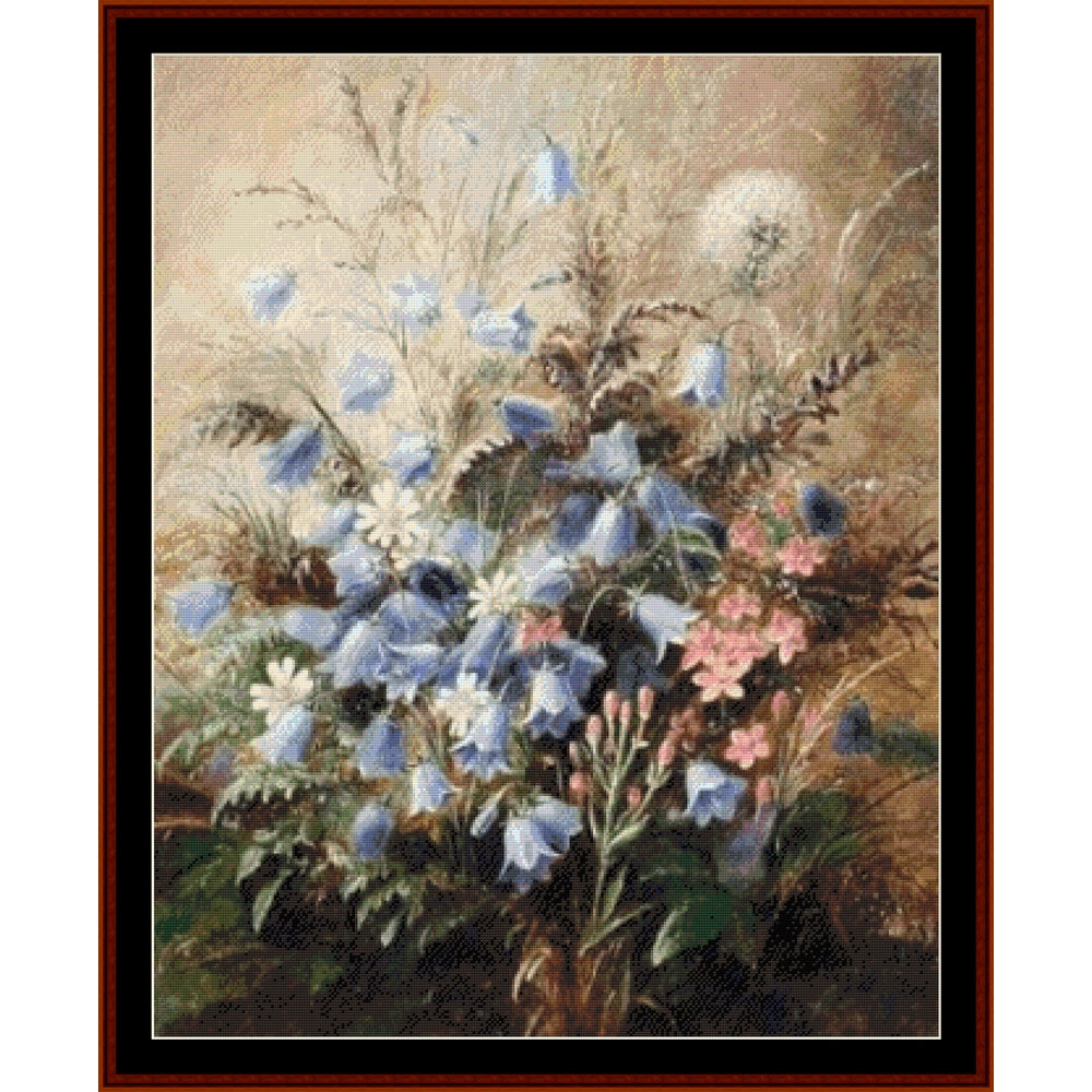 Counted Cross Stitch Pattern by Cross Stitch Collectibles of a bouquet of flowers with blue and pink tones on a textured background.