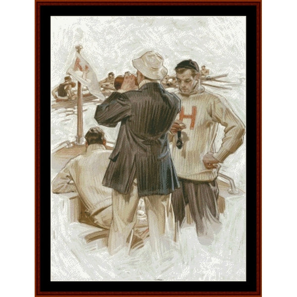 Counted Cross Stitch Pattern by Cross Stitch Collectibles of a man in a suit and a hockey player with 'H' on his jersey.